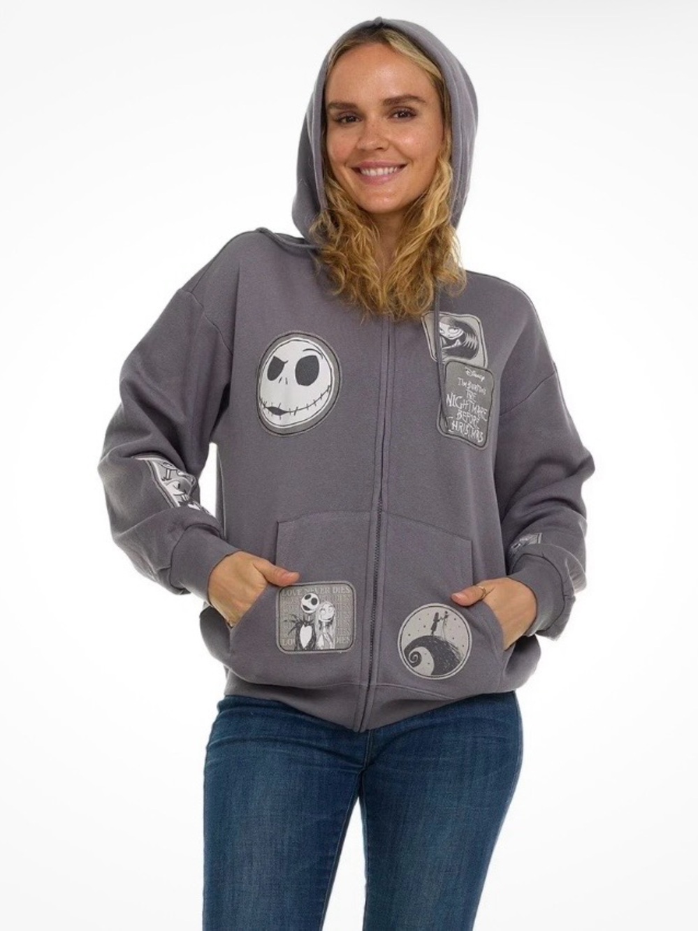Disney Nightmare Before Christmas Purple-Gray Zip Hoodie with Patch Art - Picture 3 of 5